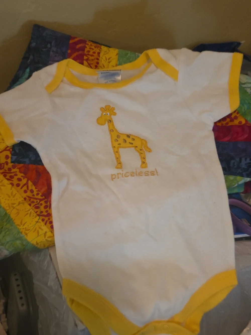 Yellow Trim White Baby Onesie with Giraffe 
